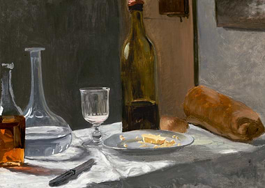 Still Life with Wine, Bread, and Cheese by claude monet