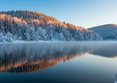 Winter landscape with lake and forest