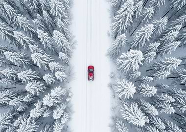 Red car on snowy forest road