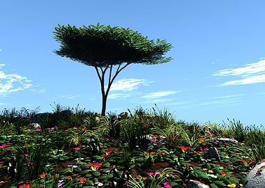 Tree on a hill with flowers