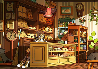 Anime girl in a cozy bakery