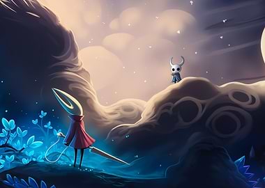 Hollow Knight characters in dreamy landscape
