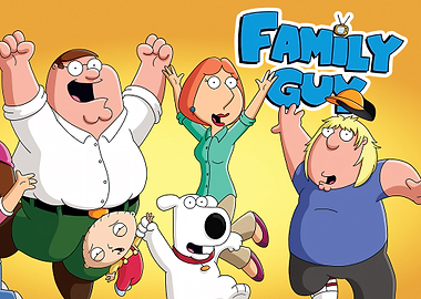 Family Guy characters celebrating on yellow background