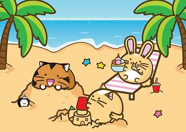 Cartoon Animals on Beach Vacation