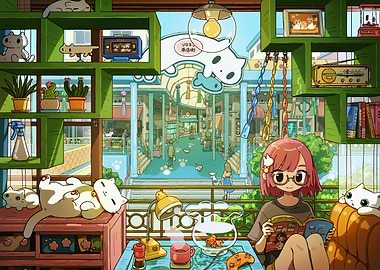 Cozy Anime Room with Cats and Girl