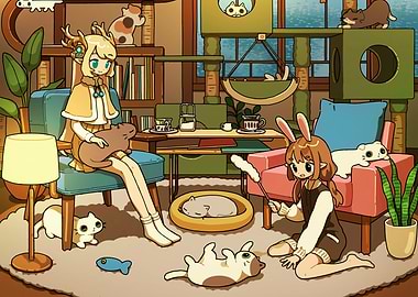 Anime Girls with Cats in Cozy Room