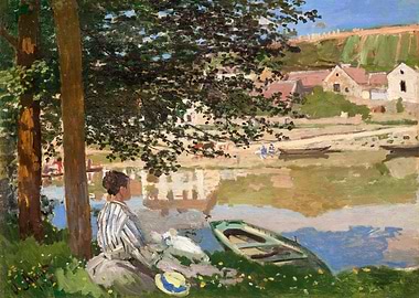 Impressionist riverside scene with seated figure by claude monet