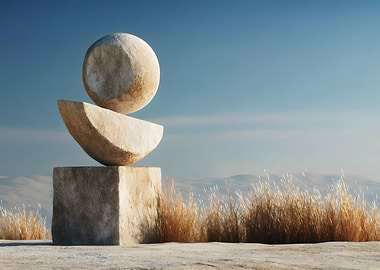Stone Sculpture in Desert Landscape