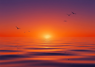 Ocean Sunset with Birds Silhouettes