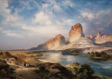 Western Landscape Painting with River and Riders