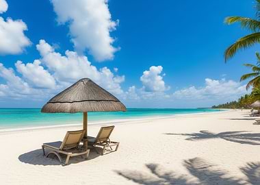 Tropical Beach with Umbrella and Chairs