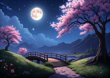 Cherry Blossoms and Bridge at Moon Night