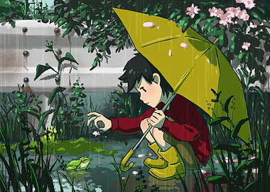 Boy with Umbrella and Frog in Rain