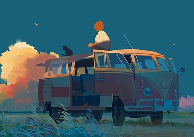 Vintage Van with Figure and Cat