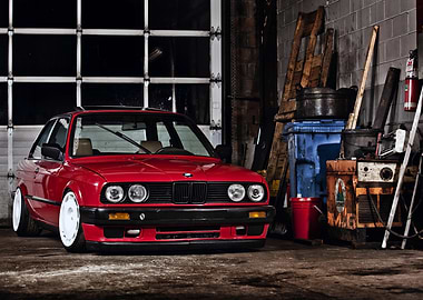 Red BMW E30 in Garage