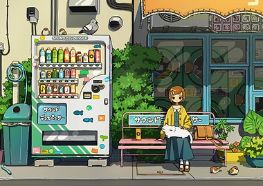 Anime girl with cat on bench