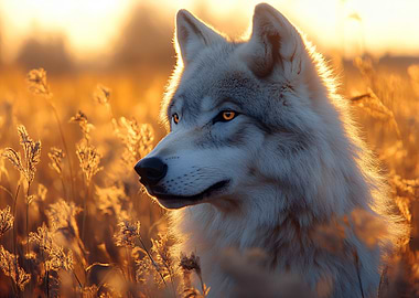 Wolf in Golden Field at Sunset