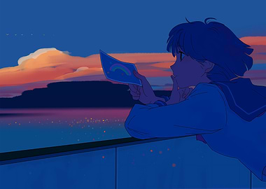 Anime Girl with Rainbow Card at Sunset