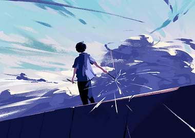 Boy with Sparkler under Cloudy Sky