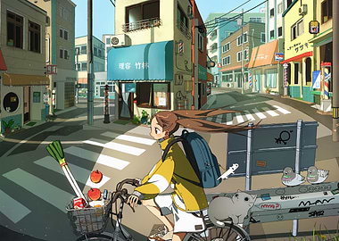 Girl cycling through Japanese town street
