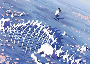 Whale Skeleton and Girl in Field