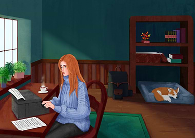 Woman writing with dog in room