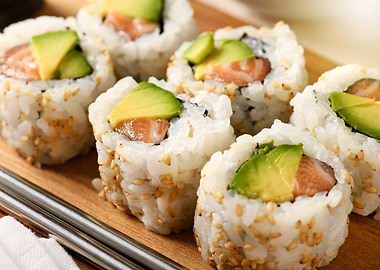 Salmon Avocado Sushi Rolls Close-Up