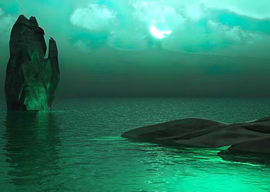 Emerald Ocean Landscape with Rock Formations