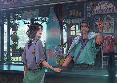 Japanese Shop Scene with Characters