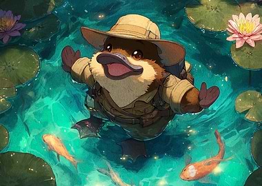 Adventurous Platypus in Lily Pond