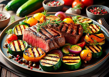 Grilled Steak with Vegetables on Plate