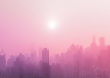 pink cityscape at sunset