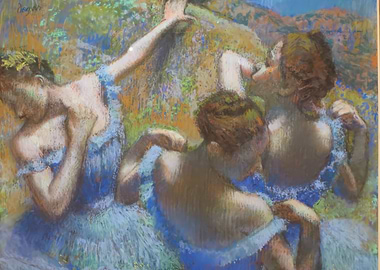 Pastel Painting of Ballerinas in Blue