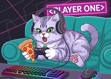 Gamer Cat with Pizza