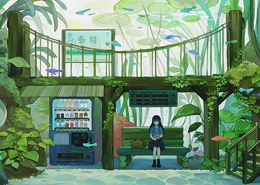 Anime Girl at Aquatic Bus Stop