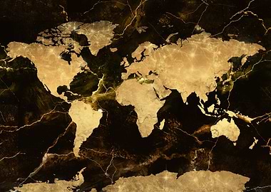 world map gold and black marble