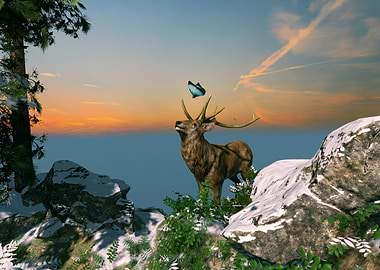 Deer and Butterfly in Mountain Landscape