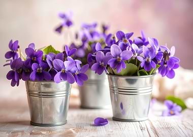 Violets in Metal Buckets