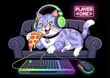 Gamer Cat with Pizza