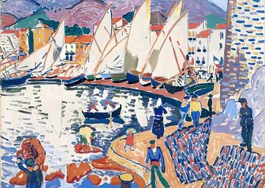 Harbor Scene Painting with Sailboats and Figures, andre derain paintings​