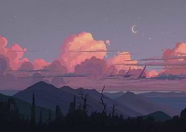 Serene Landscape with Sailboats and Clouds