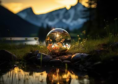Crystal ball reflecting flowers and mountains