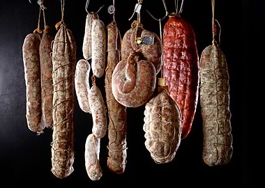Variety of Hanging Cured Sausages