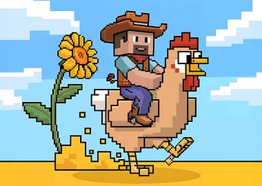 Pixel Art Cowboy Riding a Chicken