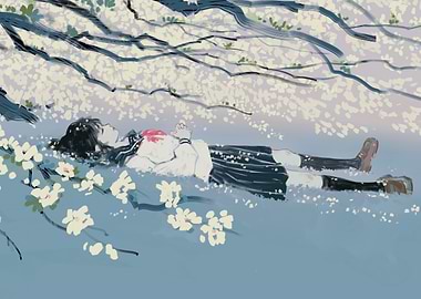 Girl Lying Under Cherry Blossom Tree