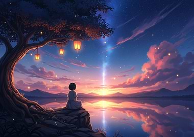 Anime Girl Gazing at Sunset Lake