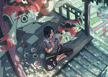 Girl Painting Koi Fish on Rooftop