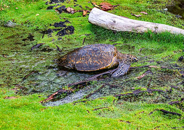 Sea Turtle in a Grassy Wetland