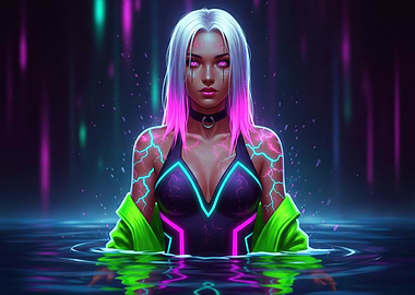 Cyberpunk Girl in Neon Water