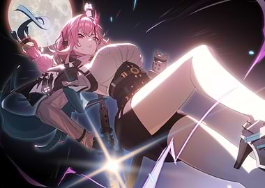 Girl with Pink Hair and Moon